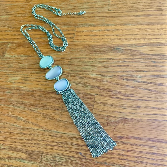 Nice Long Silver Tone Necklace Frosted Stones - Picture 8 of 10